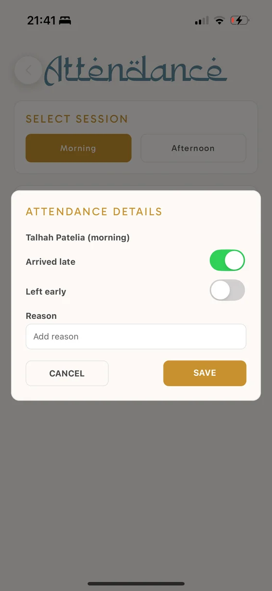 Hifz App attendance screen with arrived late and left early options