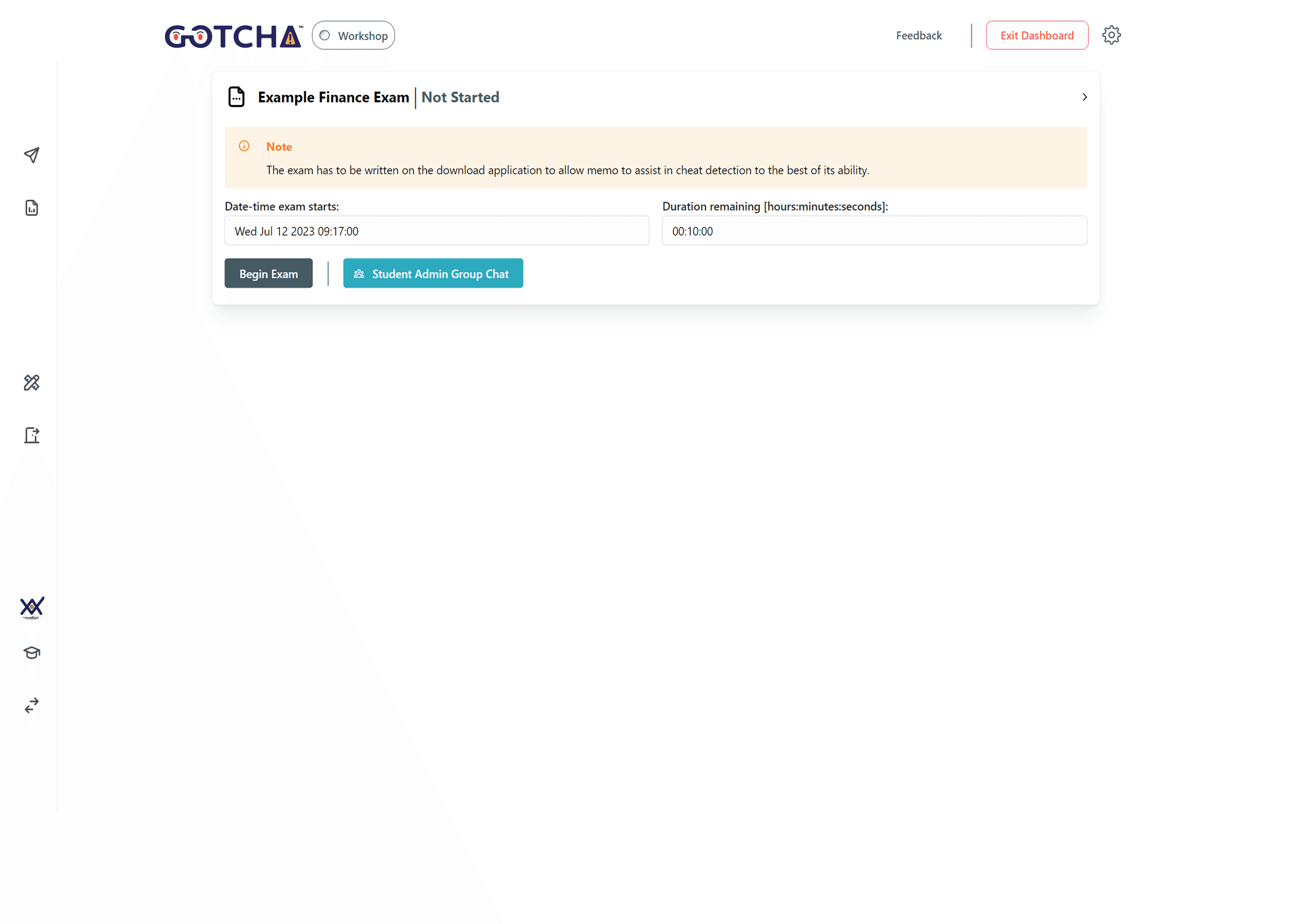 GotchaExam dashboard showing an exam launch workflow